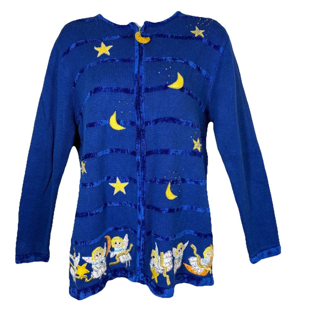 The Quaker Factory Blue Stars Moon‎ Angels Holiday Women's Zipper Sweater Size M